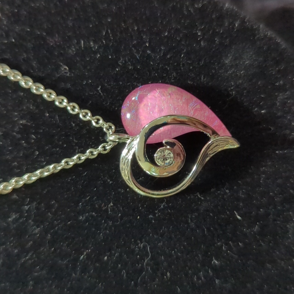 Unmarked Silver Tone Iridescent Heart Stone w/Rhinestone Pendant